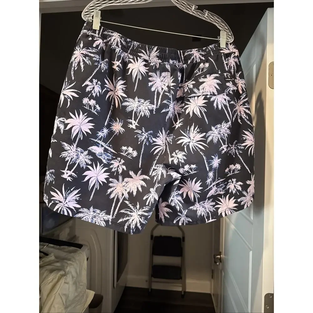 Quicksilver Swimsuit Men’s XXL Black With Lavender Palms Elastic Waist Pockets